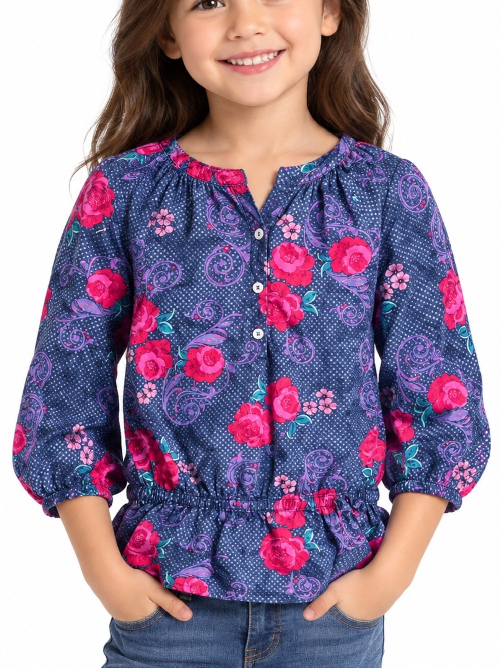Tea Collection multi color floral 3/4 sleeve Spring Summer shirt girls 8